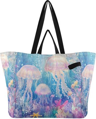 Generic Jellyfish Pink Coral print Reusable Canvas Tote Bag, Heavy Duty Grocery Shopping Bag with Large Capacity Hard Bottom Double Handles Work Groceries Tra