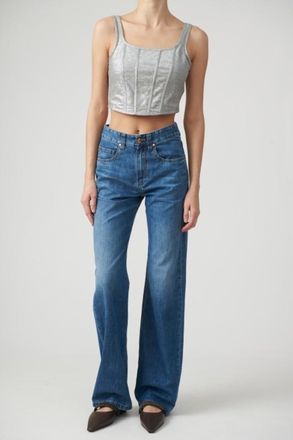 Brunello Cucinelli Silver Linen Blend Cropped Top, Size S