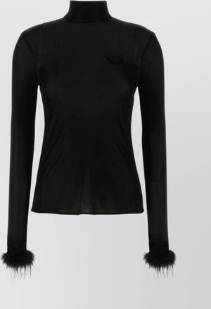 Prada feather cuff high neck sheer fabric top