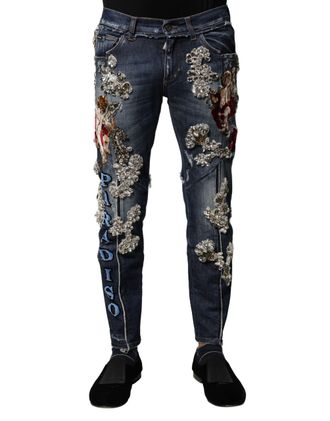 Dolce & Gabbana Mens Blue Cotton Rhinestone Embellish Denim Jeans Elastane Clothing