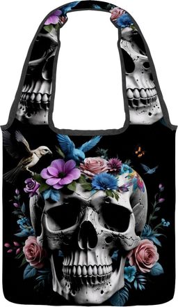 Generic Birds Skull Floral Reversible Canvas Shoulder Tote - Double-Sided Print, 12oz Cotton, 27cm Drop, Fold-Flat Bag for Travel, Shopping, Street Outings
