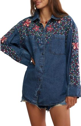 Free People Rainbow Embroidered Denim Shirt in Rinse Wash at Nordstrom, Size X-Large