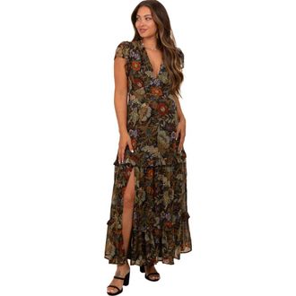 Pinkblush Floral Deep V-Neck Tiered Maxi Dress in Black at Nordstrom, Size Small