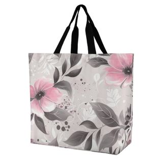 Generic Pink Flowers And Leaves On Gray Shoulder Bag Large Capacity Carry Bag Reusable Shoulder Bags For Daily Use College Casual