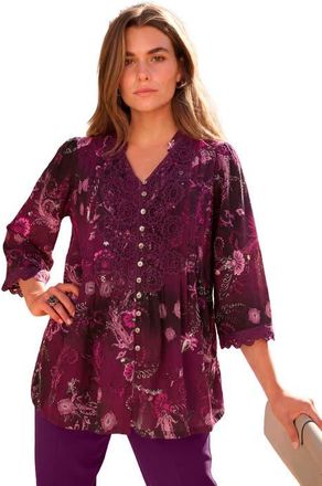 Roaman's Plus Size Juliet Lace Trim Button Down Shirt in Dark Berry Intricate Paisley at Nordstrom, Size 34