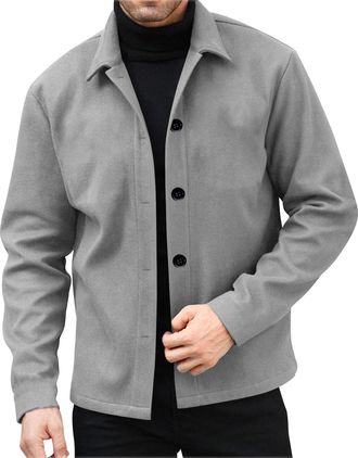 Generic Mens Wool Coat Long Sleeve Casual Smart Business Jackets Spring Autumn Classic Button Down Lightweight Jacket Regular Fit Turn-Down Collar Outerwear S