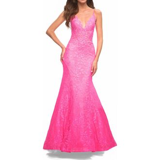La Femme Neon Pink Mermaid Lace Prom Dress with Sheer Jeweled Bodice at Nordstrom, Size 10