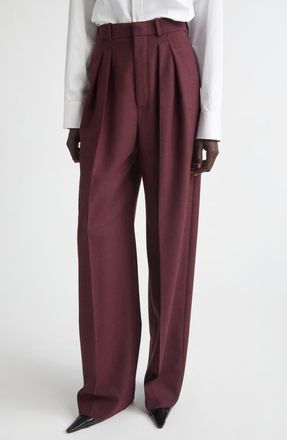 Saint Laurent High Waist Wool Straight Leg Pants in Lie De Vin at Nordstrom, Size 6 Us