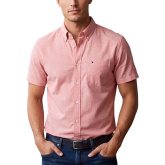 Tommy Hilfiger Mens Shirt Oxford Lightweight Short Sleeve Regular Fit Summer Top - Dusty Pink Cotton - Size Medium
