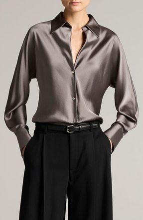 Vince Silk Button-Up Shirt in Wolf at Nordstrom, Size Xx-Small