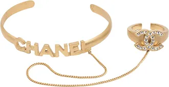 Chanel Gold Plated Rhinestone Logo Cuff Bracelet and Ring Set