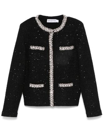 Self Portrait sequin-knit jacket - women - Wool/Cotton/Polyester - S - Black