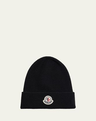 Moncler Mens Ribbed Wool Logo Beanie Hat