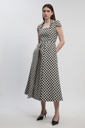 Karen Millen Womens Spot Jacquard Square Neck Tailored Full Skirted Midi Dress - Monochrome Multi - Size 14 UK