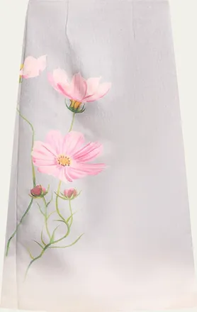 Oscar De La Renta Cosmos Flower-Print Satin Midi Skirt