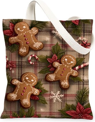 Generic Christmas Gingerbread Canvas Tote Bags, Biscuits Pattern Reusable Grocery Bags, Winter Rustic Lightweight Washable Shoulder, Brown, 13x15 Inch