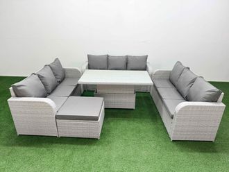 Fimous PE Rattan Lounge Sofa Set 10 Seater Outdoor Garden Furniture Set w/ Adjustable Lifting Dining or Coffee Table 3 Seater Sofa Big Footstool