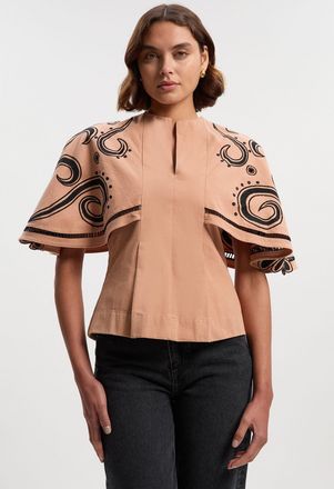 Karen Millen Womens Baroque Embroidered Cape Sleeve Woven Twill Top - Light Pink Cotton - Size 16 UK