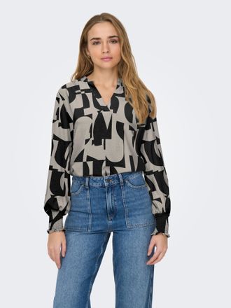 Only Blusenshirt ONLY ONLMETTE V-NECK LS SMOCK TOP NOOS WVN, Damen, Gr. XL, moonbeam aop:upscale geo, Web, Obermaterial: 100% Polyester, bedruckt, regular 