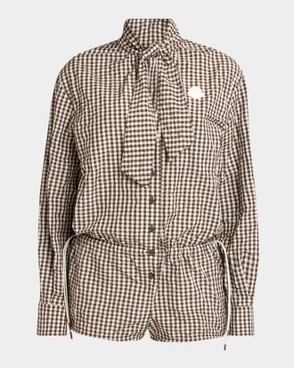 Moncler Vichy Long-Sleeve Romper with Bow