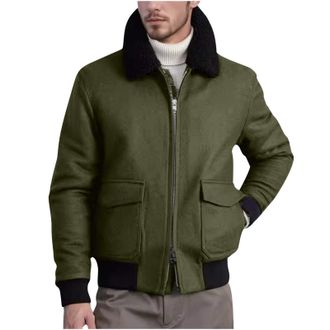 Generic Mens Stylish Casual Jacket Zip Up Faux Fur Collar Winter Coats Comfy Shearling Bomber Jacket with Pockets Army Green