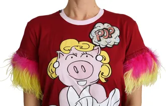 Dolce & Gabbana Womens Red Pig Print Feather Sleeves T-Shirt Top Cotton