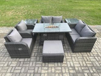Fimous 7 Seater Rattan Garden Furniture Set Propane Gas Fire Pit Table & Sofa Chair set with 2 Side Tables Big Footstool in Dark Grey