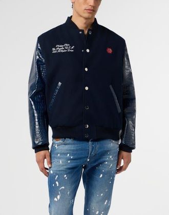 Philipp Plein Varsity Bomber Cocco Sleeves Los Angeles Men in Navy at Nordstrom, Size Xxx-Large