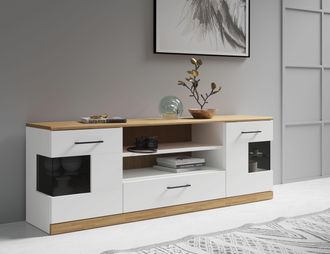 HOME AFFAIRE Lowboard »Ribe,160cm breit,55cm hoch,Oberplatte massiv« Oberplatte Massivholz,schwarze Metall Griffe,2 Türen mit Glaseinsatz