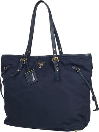 Prada Navy Nylon Leather Shoulder Bag Tote Bag (Pre-Owned)
