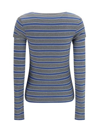 Ganni Ribbed V-Neck Striped Long-Sleeve T-Shirt - Blue