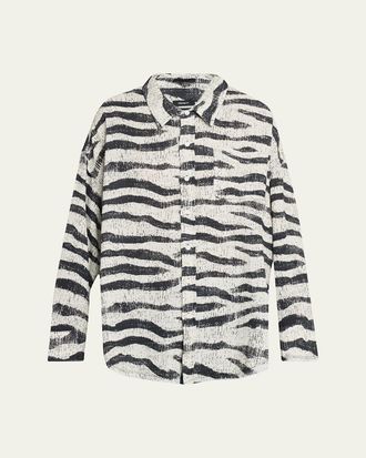 R13 Shredded Seam Drop-Neck Zebra-Print Shirt