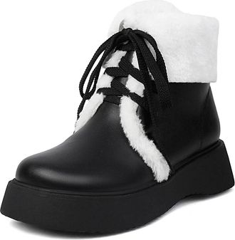 Generic Womens Lace Up Winter Short Boots Round Toe PU Leather Ankle Boots Flat Heel Platform Formal Shoes,Black,5.5 UK