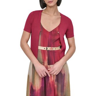 DKNY Hook & Eye Short Sleeve Rib Cardigan in Beet at Nordstrom Rack, Size Small