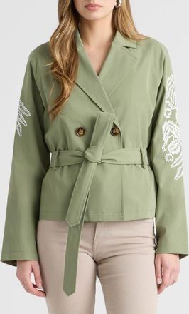 NVLT Embroidered Belted Crop Trench Coat in Khaki Green at Nordstrom, Size X-Large