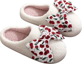 Generic Slippers for Women Fluffy Winter Womens Winter Slippers Cozy Fuzzy Slides with Bow Print Fashion Indoor Home Comfortable Warm Footwear for Ladies (Whi