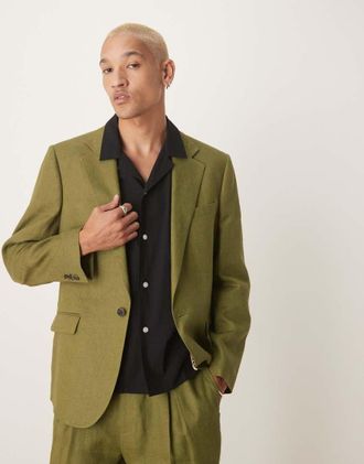 Asos Giacca da abito slim fit verde premium in 100% lino