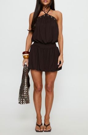 Princess Polly Sunnee Eyelet Detail Halter Bubble Playsuit in Brown at Nordstrom, Size 10