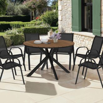 IDMarket Muebles De Jard&iacute;n Messina - Mesa Redonda De 120 Cm Con Patas De Ara&ntilde;a Efecto Madera Y 6 Sillas Apilables Negras