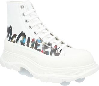 Alexander McQueen Schoenen, Heren, Wit, 40 EU, Leer, Graffiti Print Platform Sneakers