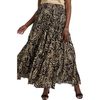 Jessica London Flowing Crinkled Maxi Skirt in Khaki Black Scroll at Nordstrom, Size 20P