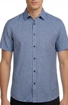Report Collection Short Sleeve Linen & Cotton Blend Button-Up Shirt in Chambray at Nordstrom Rack, Size X-Large