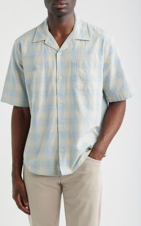 Corridor Plaid Short Sleeve Cotton & Linen Camp Shirt in Light Blue at Nordstrom, Size Xx-Large