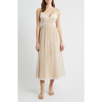 Moon River Embroidered V-Neck Midi Dress in Taupe at Nordstrom, Size X-Large
