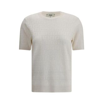 Fendi Round-neck Knitwear, female, White, S, Lace FF Knit T-Shirt