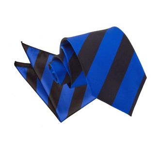 DQT Stripe Patterned Casual Business Party Work Classic Neck Tie & Pocket Square Handkerchief Set for Men in Royal Blue and Black