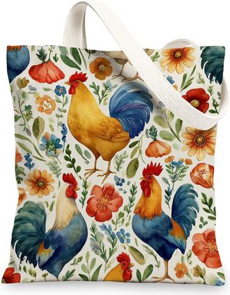Generic Rooster Floral Canvas Tote Bag, Vintage Reusable Grocery Bags, Lightweight Botanical Print Shoulder Strap Bags 13x15 Inch
