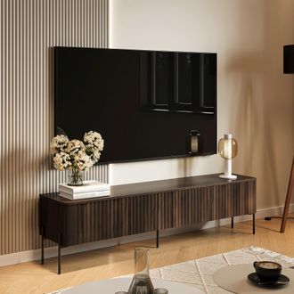 Dmora Mueble Para Tv Brembana, Un Estante, 4 Puertas, Efecto Estriado, 190x40x50h Cm Color Nogal Marr&oacute;n