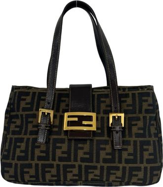 Fendi Black Brown Canvas Leather Handbag Tote Bag (Pre-Owned)
