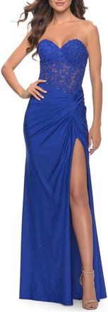 La Femme Sheer Lace Applique Bodice Dress with Jersey Skirt in Royal Blue at Nordstrom, Size 12